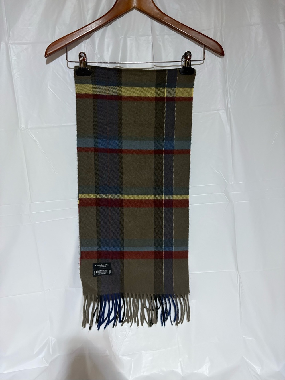Christian Dior Olive Plaid Scarf with Navy, Burgundy & Yellow Accents